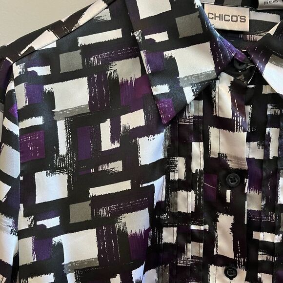 Chico’s Purple White Black Print Pintuck Satin Button Down Shirt sz 1 M/8 - Picture 3 of 6
